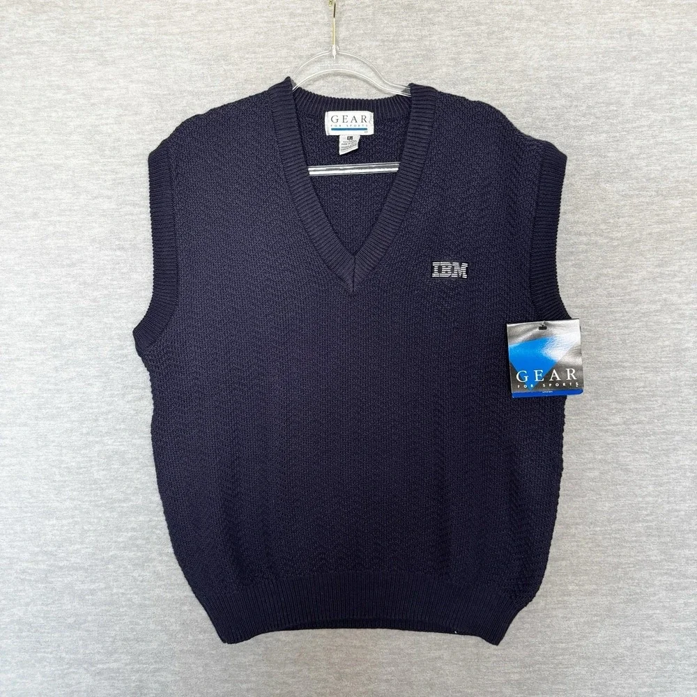 Vintage IBM Logo Sweater Vest Size L Navy Blue Tech Computer Corporate Mens new‎